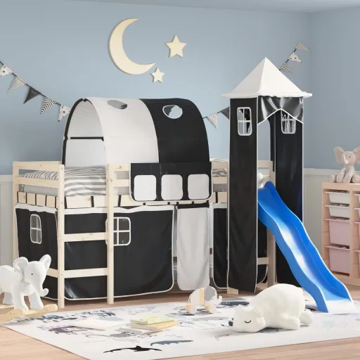 Cortinas para Cama Elevada com Túnel e Torre Branco e Preto
