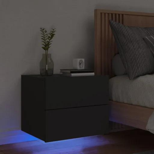 Mesa de Cabeceira de Parede com Luzes LED Preto