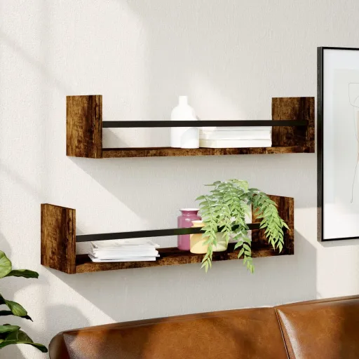 Prateleiras de Parede c/ Barras   60x16x14cm Carvalho Fumado (2 pcs)