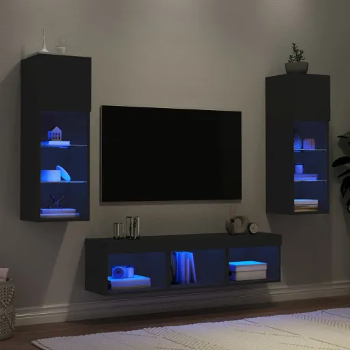 Móveis de Parede p/ TV c/ LEDs Derivados de Madeira Preto (5 pcs)