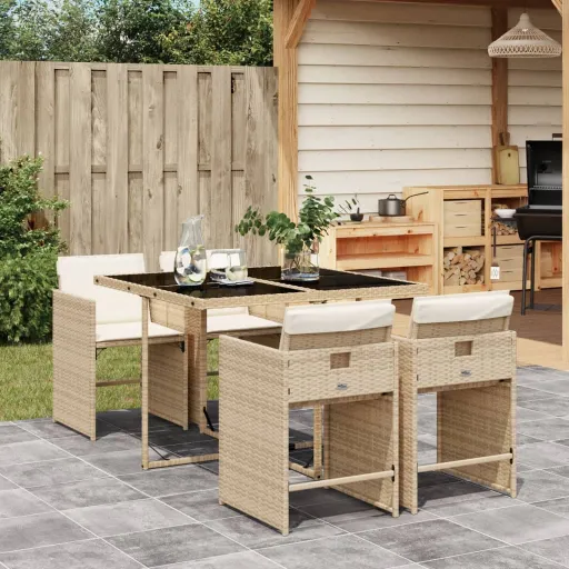 Conjunto de Jantar p/ Jardim com Almofadões Vime PE Bege (5 pcs)