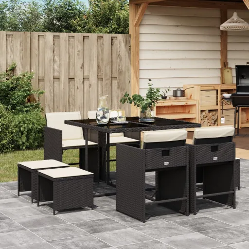 Conjunto de Jantar p/ Jardim c/ Almofadões Vime PE Preto (9 pcs)