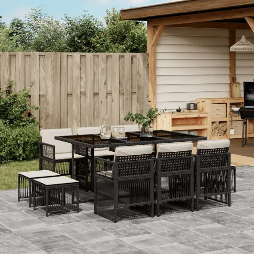 Conjunto de Jantar p/ Jardim c/ Almofadões Vime PE Preto (11 pcs)