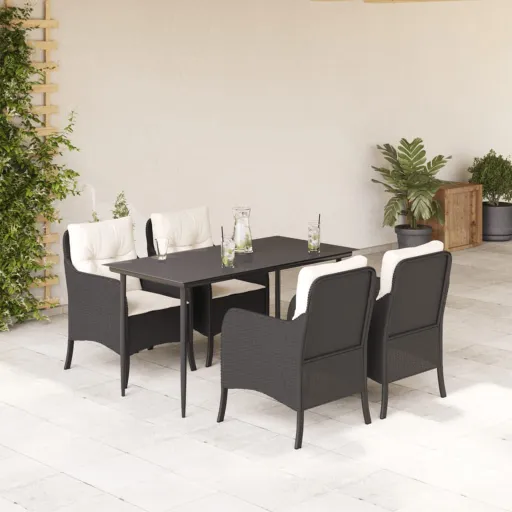 Conjunto de Jantar p/ Jardim c/ Almofadões Vime PE Preto (5 pcs)
