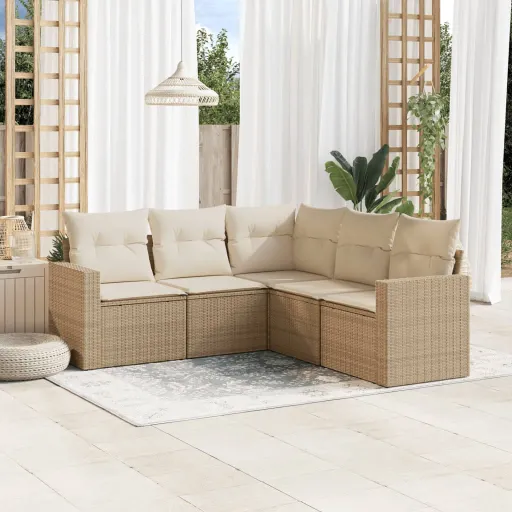 Conjunto de Sofás p/ Jardim com Almofadões Vime PE Bege (5 pcs)