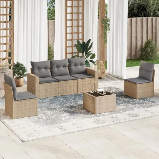 Conjunto de Sofás p/ Jardim com Almofadões Vime PE Bege (6 pcs)