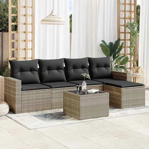 Conj. Sofás Jardim com Almofadões Vime PE Cinzento-Claro (6 pcs)