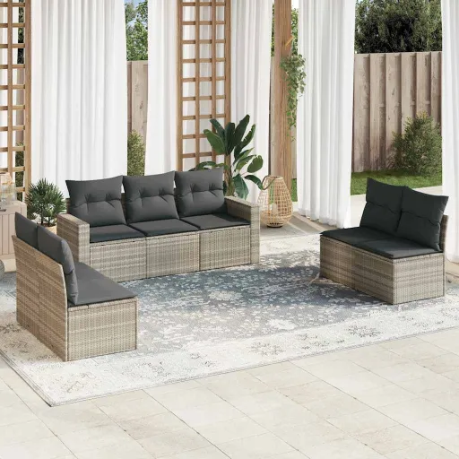 Conj. Sofás Jardim com Almofadões Vime PE Cinzento-Claro (7 pcs)