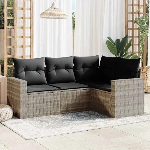Conj. Sofás Jardim c/ Almofadões Vime PE Cinzento-Claro (4 pcs)