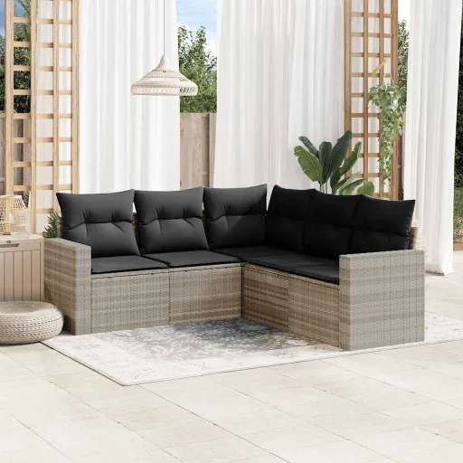 Conj. Sofás Jardim c/ Almofadões Vime PE Cinzento-Claro (5 pcs)