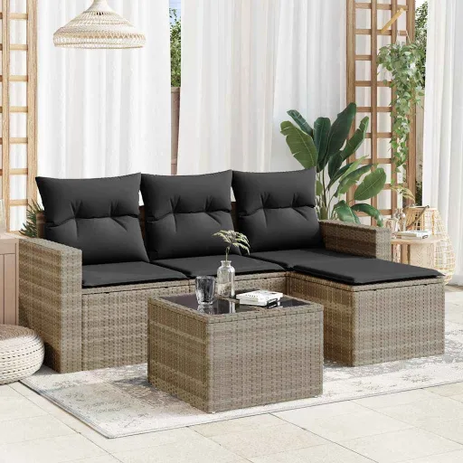 Conj. Sofás Jardim c/ Almofadões Vime PE Cinzento-Claro (5 pcs)