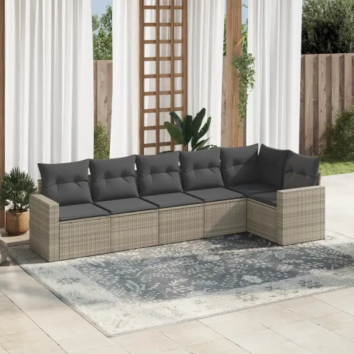 Conj. Sofás Jardim com Almofadões Vime PE Cinzento-Claro (6 pcs)