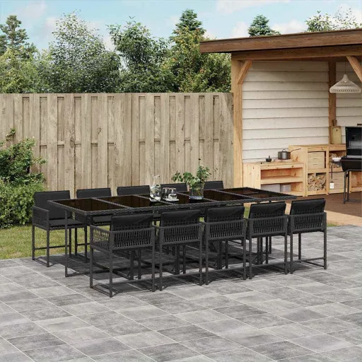 Conjunto de Jantar p/ Jardim c/ Almofadões Vime PE Preto (11 pcs)