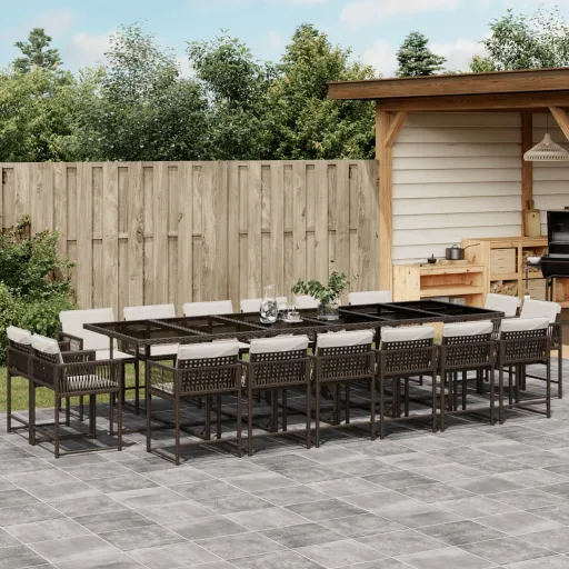 Conjunto Jantar p/ Jardim c/ Almofadões Vime PE Castanho (17 pcs)