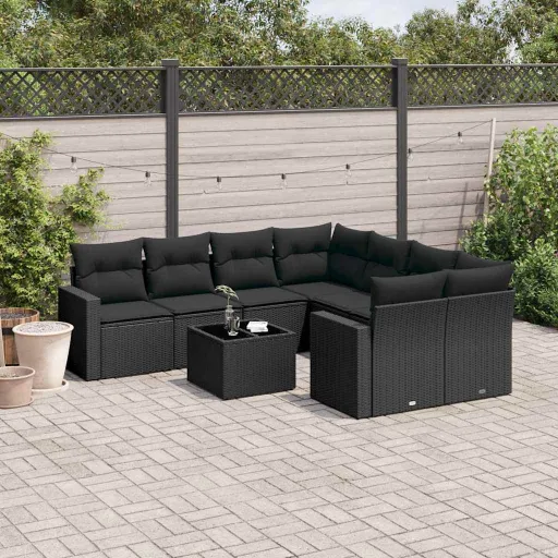 Conjunto de Sofás p/ Jardim c/ Almofadões Vime PE Preto (9 pcs)