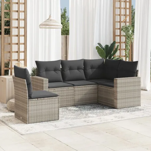 Conj. Sofás Jardim c/ Almofadões Vime PE Cinzento-Claro (5 pcs)