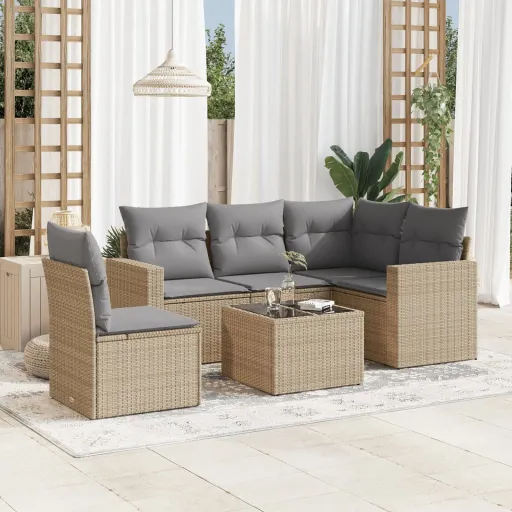 Conjunto de Sofás p/ Jardim com Almofadões Vime PE Bege (6 pcs)