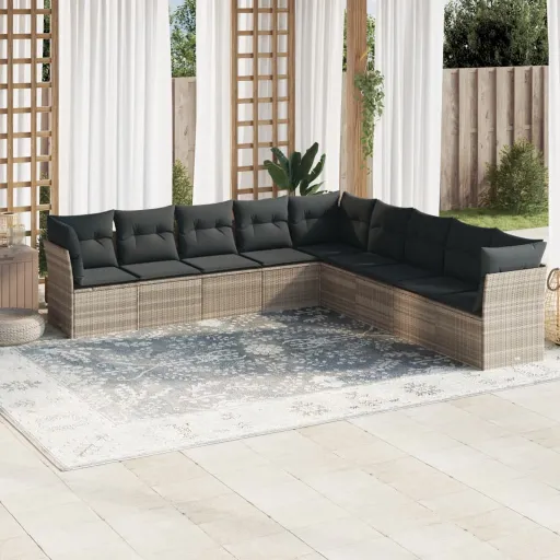 Conj. Sofás Jardim com Almofadões Vime PE Cinzento-Claro (9 pcs)