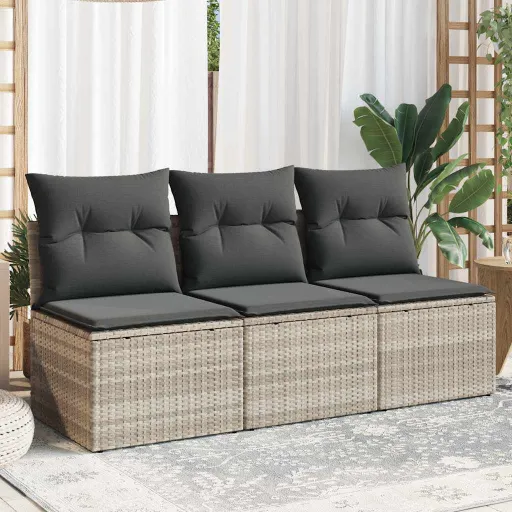 Sofá de Jardim de 3 Lugares c/ Almofadões Vime PE Cinza-Claro