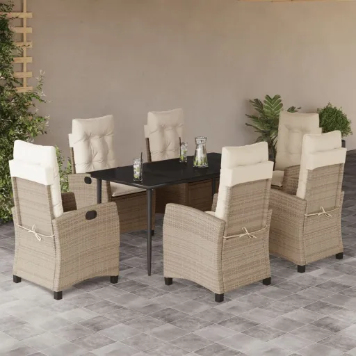 Conjunto de Jantar p/ Jardim com Almofadões Vime PE Bege (7 pcs)