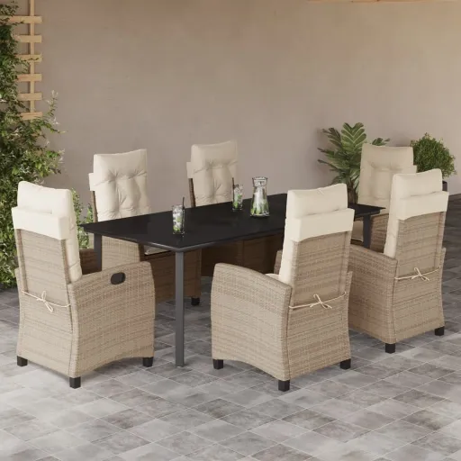 Conjunto de Jantar p/ Jardim com Almofadões Vime PE Bege (7 pcs)