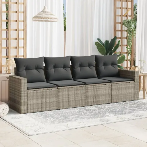 Conj. Sofás Jardim c/ Almofadões Vime PE Cinzento-Claro (4 pcs)