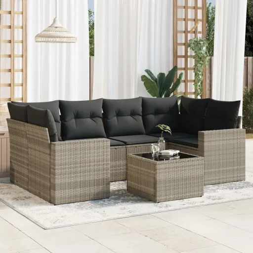 Conj. Sofás Jardim com Almofadões Vime PE Cinzento-Claro (7 pcs)