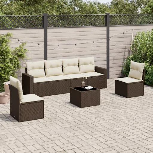 Conjunto de Sofás Jardim c/ Almofadões Vime PE Castanho (7 pcs)