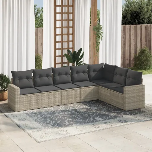 Conj. Sofás Jardim com Almofadões Vime PE Cinzento-Claro (7 pcs)