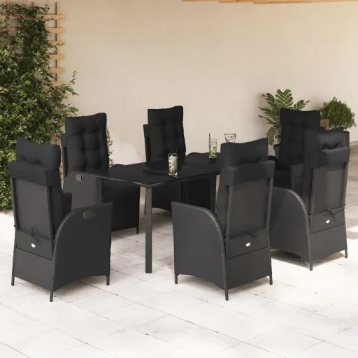 Conjunto de Jantar p/ Jardim c/ Almofadões Vime PE Preto (7 pcs)