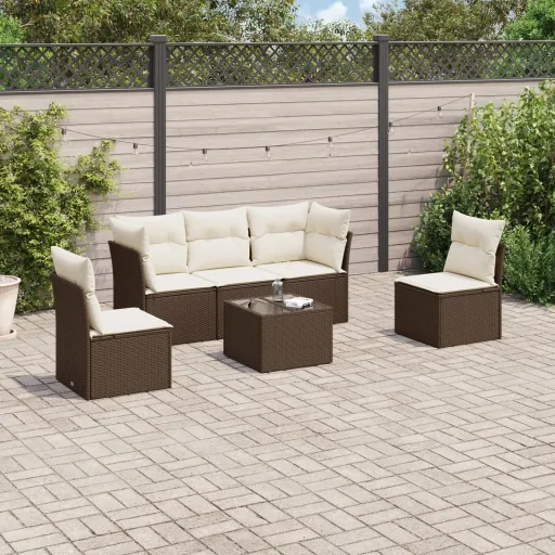 Conjunto de Sofás Jardim c/ Almofadões Vime PE Castanho (6 pcs)
