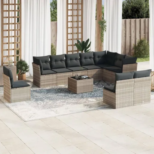 Conjunto Sofás de Jardim c/ Almofadões Vime PE Cinzento (11 pcs)