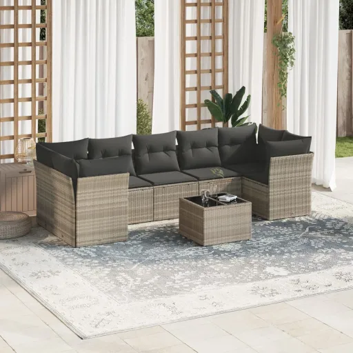 Conj. Sofás Jardim c/ Almofadões Vime PE Cinzento-Claro (8 pcs)