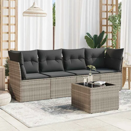Conj. Sofás Jardim c/ Almofadões Vime PE Cinzento-Claro (5 pcs)