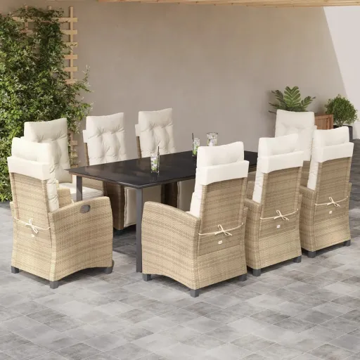 Conjunto de Jantar p/ Jardim com Almofadões Vime PE Bege (9 pcs)