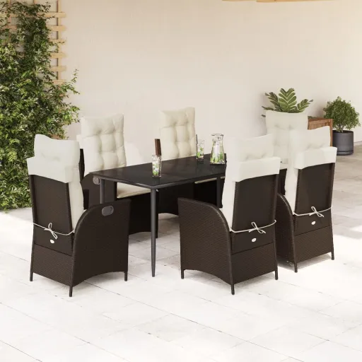 Conjunto Jantar p/ Jardim c/ Almofadões Vime PE Castanho (7 pcs)