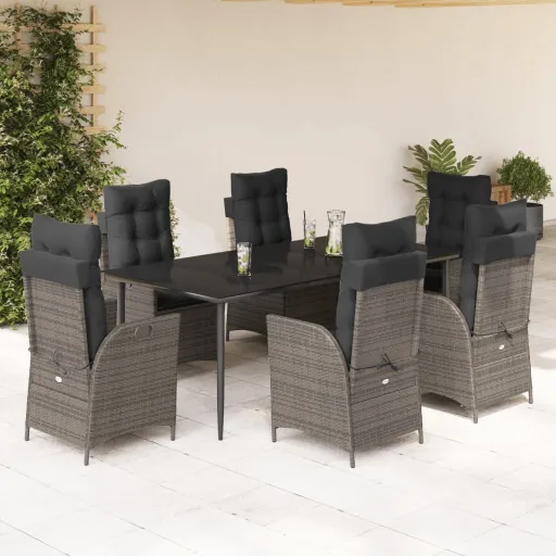 Conjunto de Jantar p/ Jardim c/ Almofadões Vime PE Cinza (7 pcs)