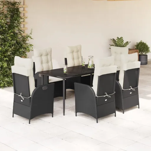 Conjunto de Jantar p/ Jardim c/ Almofadões Vime PE Preto (7 pcs)