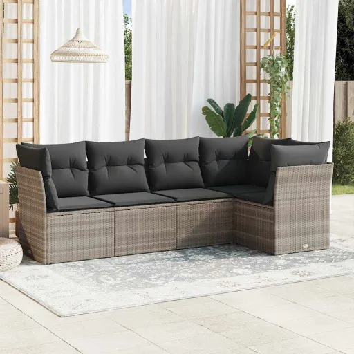 Conj. Sofás Jardim c/ Almofadões Vime PE Cinzento-Claro (5 pcs)