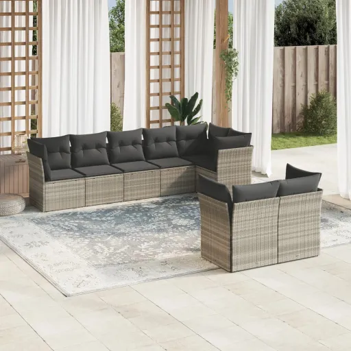 Conj. Sofás Jardim c/ Almofadões Vime PE Cinzento-Claro (8 pcs)