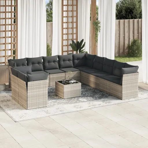 Conj. Sofás Jardim com Almofadões Vime PE Cinzento-Claro (12 pcs)