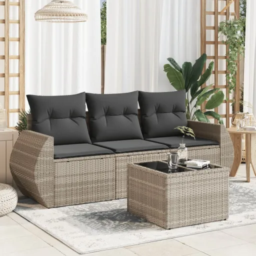 Conj. Sofás Jardim c/ Almofadões Vime PE Cinzento-Claro (4 pcs)