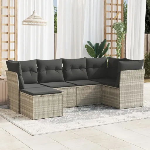 Conj. Sofás Jardim com Almofadões Vime PE Cinzento-Claro (6 pcs)