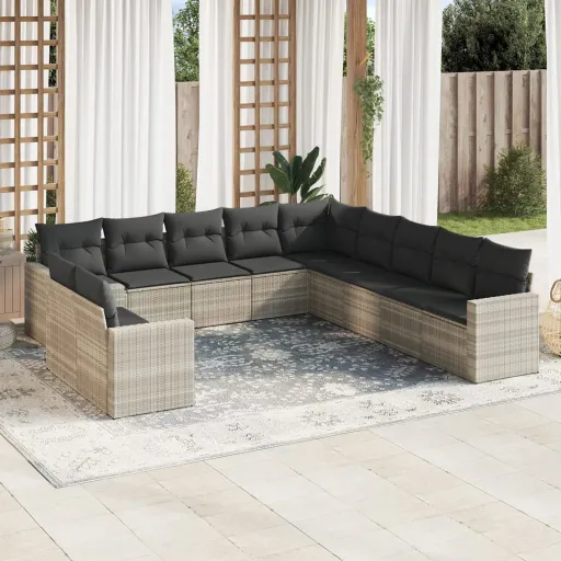 Conjunto Sofás de Jardim c/ Almofadões Vime PE Cinzento (11 pcs)