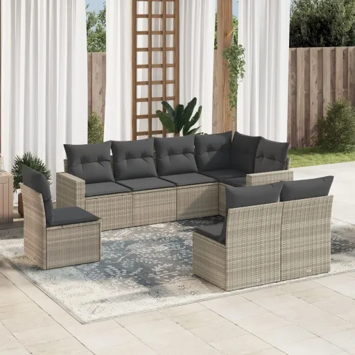 Conj. Sofás Jardim c/ Almofadões Vime PE Cinzento-Claro (8 pcs)
