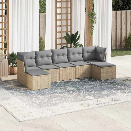 Conj. Sofás Jardim com Almofadões Vime PE Cinzento-Claro (7 pcs)