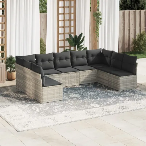 Conj. Sofás Jardim com Almofadões Vime PE Cinzento-Claro (9 pcs)