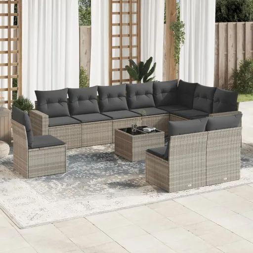 Conjunto Sofás de Jardim c/ Almofadões Vime PE Cinzento (11 pcs)