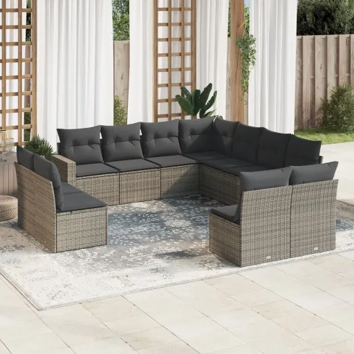 Conjunto Sofás de Jardim c/ Almofadões Vime PE Cinzento (11 pcs)