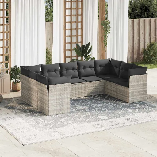 Conj. Sofás Jardim com Almofadões Vime PE Cinzento-Claro (9 pcs)
